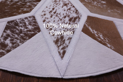 Brown & White Round Star Patchwork Natural Salt & Pepper Cowhide Rug - 3' 3