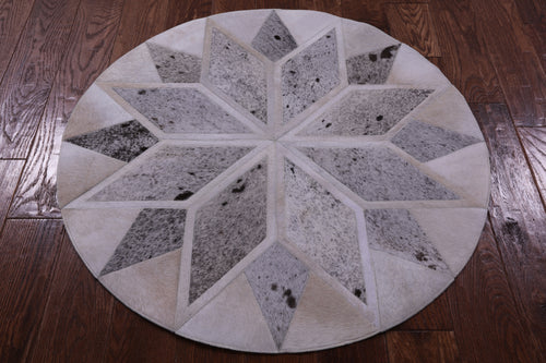 Grey Round Star Patchwork Natural Cowhide Rug - 3' 3