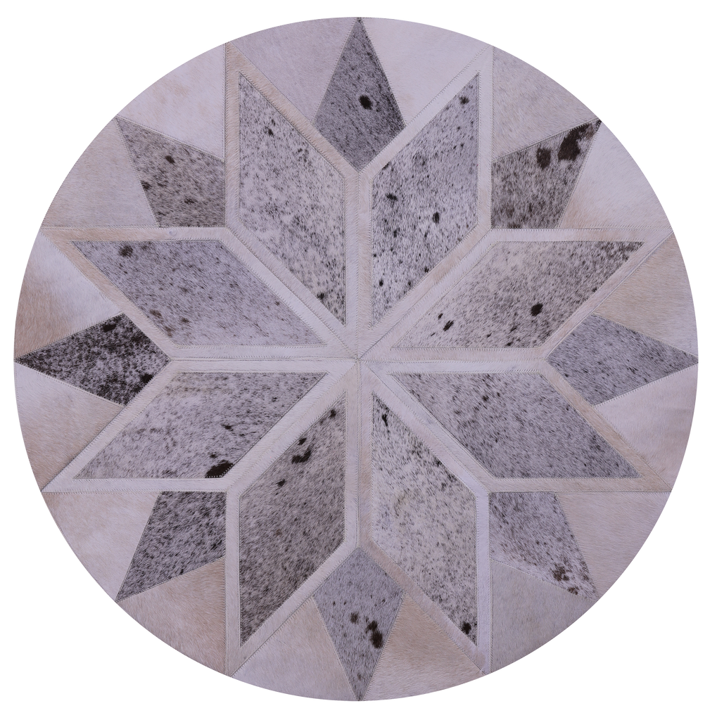Grey Round Star Patchwork Natural Cowhide Rug - 3' 3" x 3' 3"