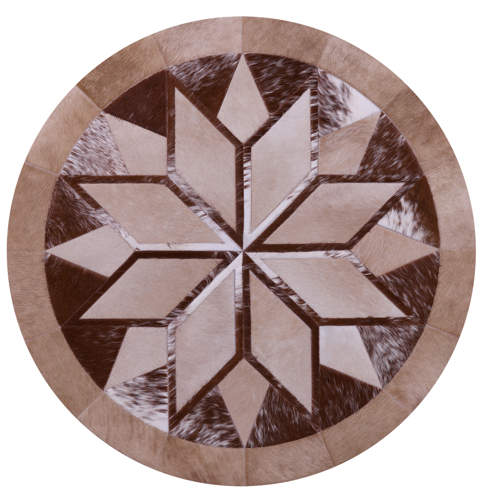 Brown Round Star Patchwork Natural Cowhide Rug - 4' 0" x 4' 0"