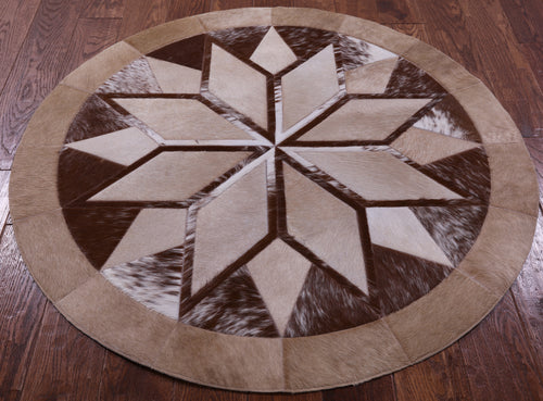 Brown Round Star Patchwork Natural Cowhide Rug - 4' 0