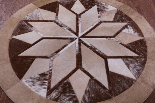 Brown Round Star Patchwork Natural Cowhide Rug - 4' 0