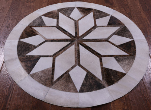 Brown & White Round Star Patchwork Natural Cowhide Rug - 4' 0