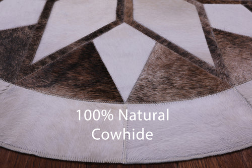 Brown & White Round Star Patchwork Natural Cowhide Rug - 4' 0
