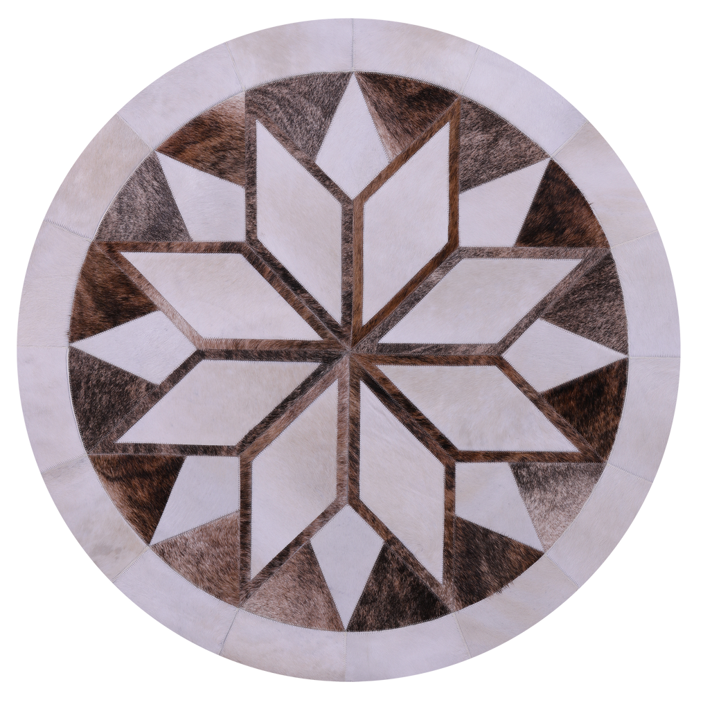 Brown & White Round Star Patchwork Natural Cowhide Rug - 4' 0" x 4' 0"