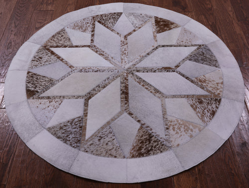 Brown Salt & Pepper Round Star Patchwork Natural Cowhide Rug - 4' 0
