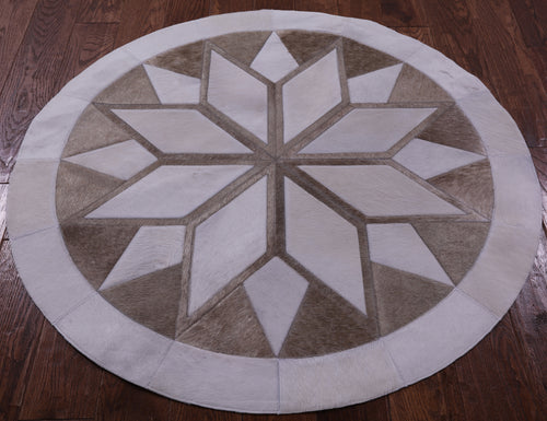 Brown & White Round Star Patchwork Natural Cowhide Rug - 4' 0