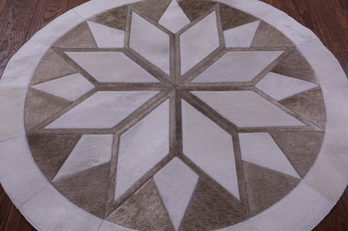Brown & White Round Star Patchwork Natural Cowhide Rug - 4' 0