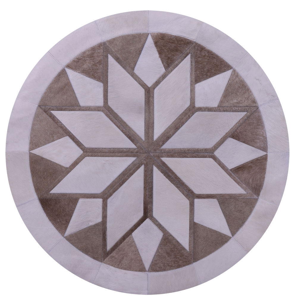 Brown & White Round Star Patchwork Natural Cowhide Rug - 4' 0" x 4' 0"