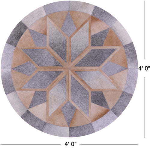 Grey Round Star Patchwork Natural Brown Cowhide Rug - 4' 0