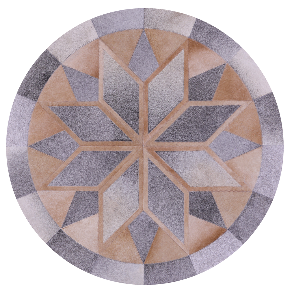 Grey Round Star Patchwork Natural Brown Cowhide Rug - 4' 0" x 4' 0"
