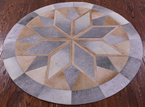 Grey Round Star Patchwork Natural Brown Cowhide Rug - 4' 0