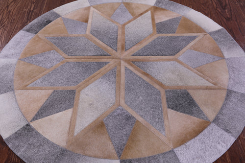 Grey Round Star Patchwork Natural Brown Cowhide Rug - 4' 0