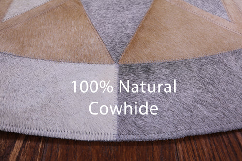 Grey Round Star Patchwork Natural Brown Cowhide Rug - 4' 0