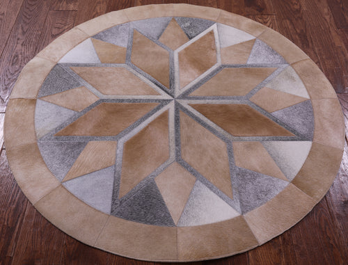 Brown Round Star Patchwork Natural Grey Cowhide Rug - 4' 0