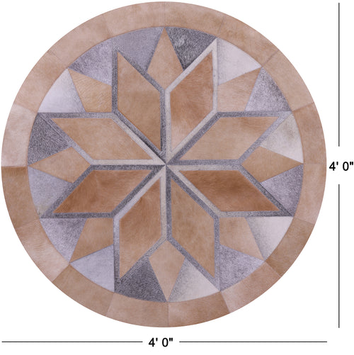 Brown Round Star Patchwork Natural Grey Cowhide Rug - 4' 0