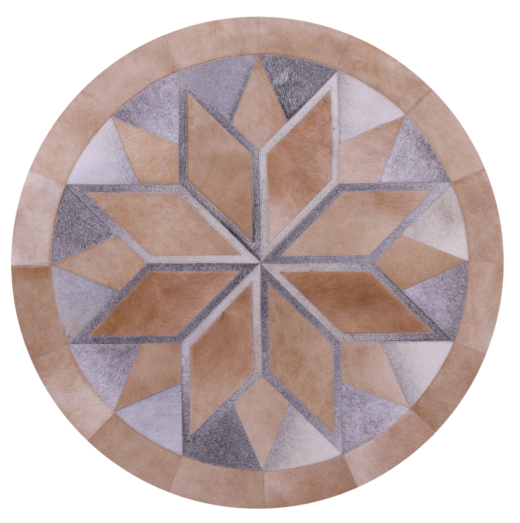 Brown Round Star Patchwork Natural Grey Cowhide Rug - 4' 0" x 4' 0"