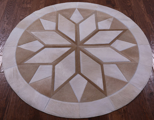 Brown Round Star Patchwork Natural Cowhide Rug - 4' 0