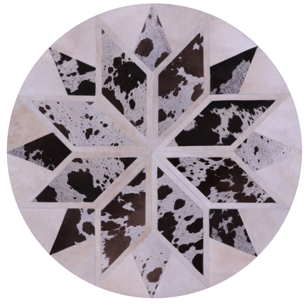 Brown & White Round Star Patchwork Natural Cowhide Rug - 4' 0" x 4' 0"