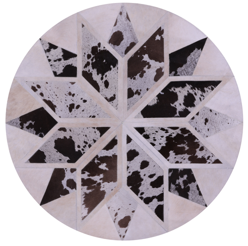 Brown & White Round Star Patchwork Natural Cowhide Rug - 4' 0