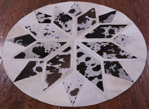 Brown & White Round Star Patchwork Natural Cowhide Rug - 4' 0