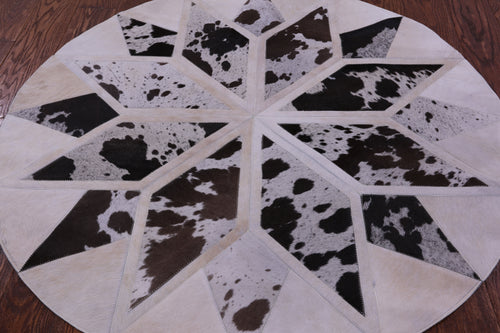 Brown & White Round Star Patchwork Natural Cowhide Rug - 4' 0