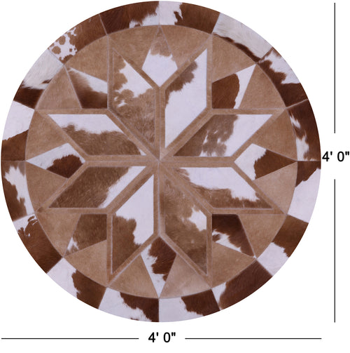Brown & White Round Star Patchwork Natural Cowhide Rug - 4' 0