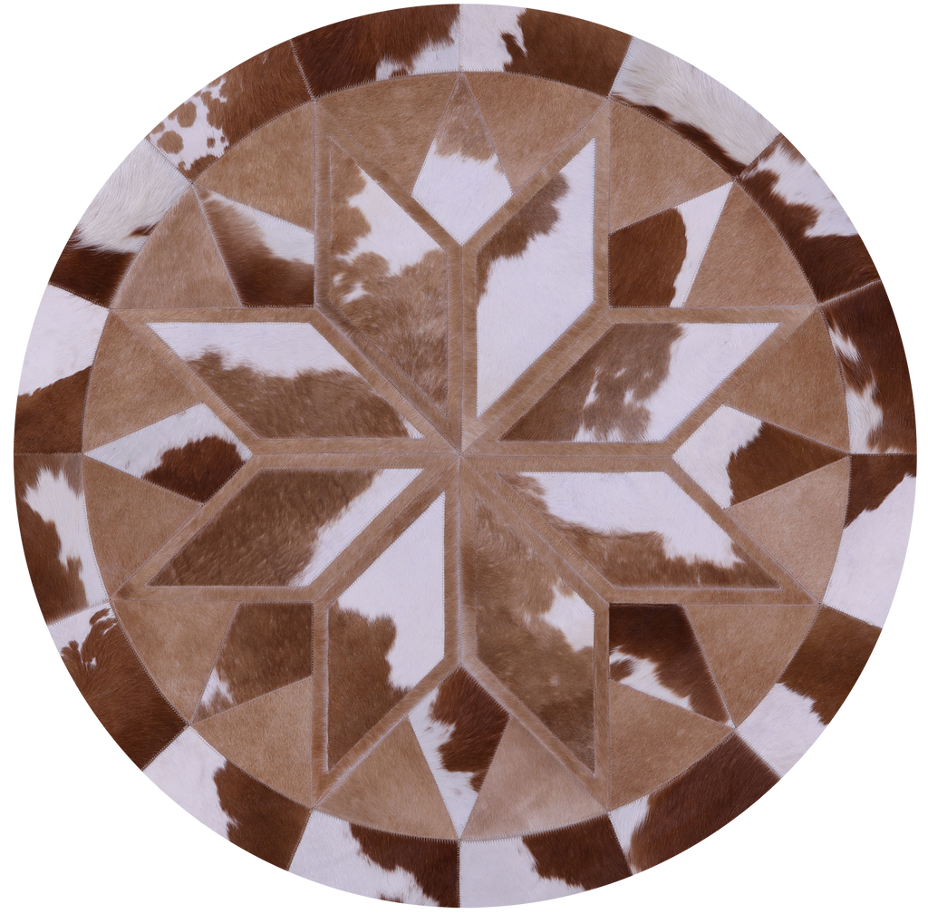 Brown & White Round Star Patchwork Natural Cowhide Rug - 4' 0" x 4' 0"