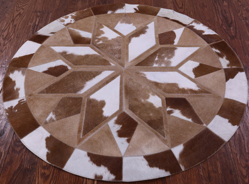 Brown & White Round Star Patchwork Natural Cowhide Rug - 4' 0