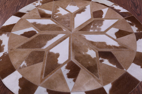Brown & White Round Star Patchwork Natural Cowhide Rug - 4' 0