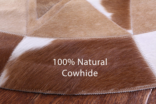 Brown & White Round Star Patchwork Natural Cowhide Rug - 4' 0