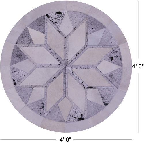 Grey & White Round Star Patchwork Natural Cowhide Rug - 4' 0