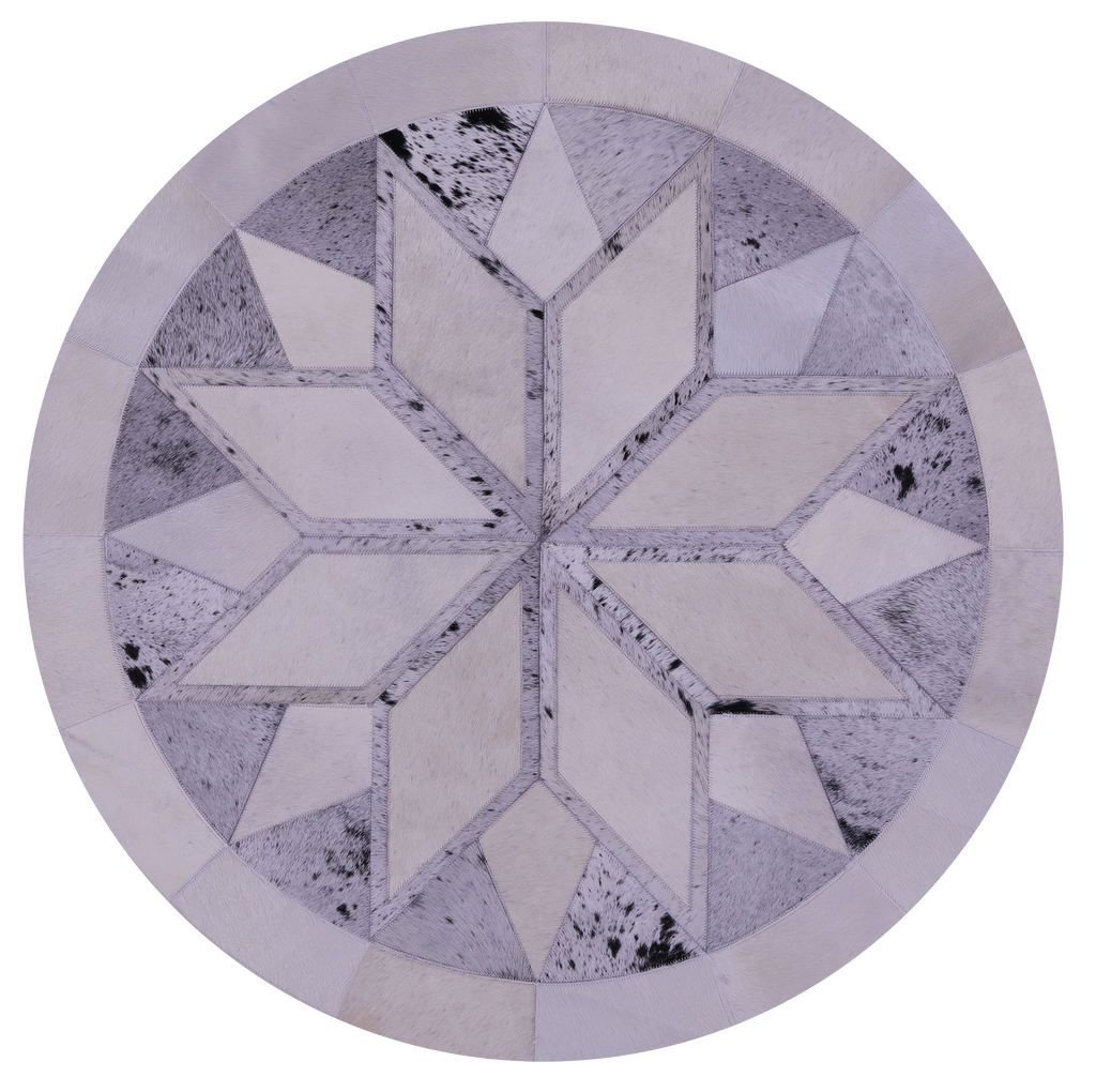 Grey & White Round Star Patchwork Natural Cowhide Rug - 4' 0" x 4' 0"