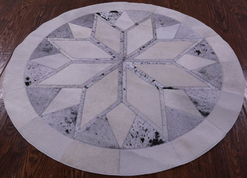 Grey & White Round Star Patchwork Natural Cowhide Rug - 4' 0