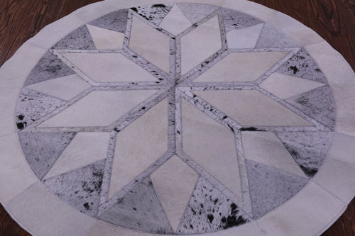 Grey & White Round Star Patchwork Natural Cowhide Rug - 4' 0