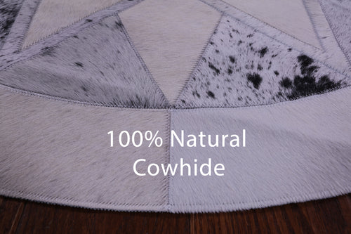 Grey & White Round Star Patchwork Natural Cowhide Rug - 4' 0