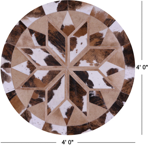 Brown & White Round Patchwork Natural Cowhide Rug - 4' 0