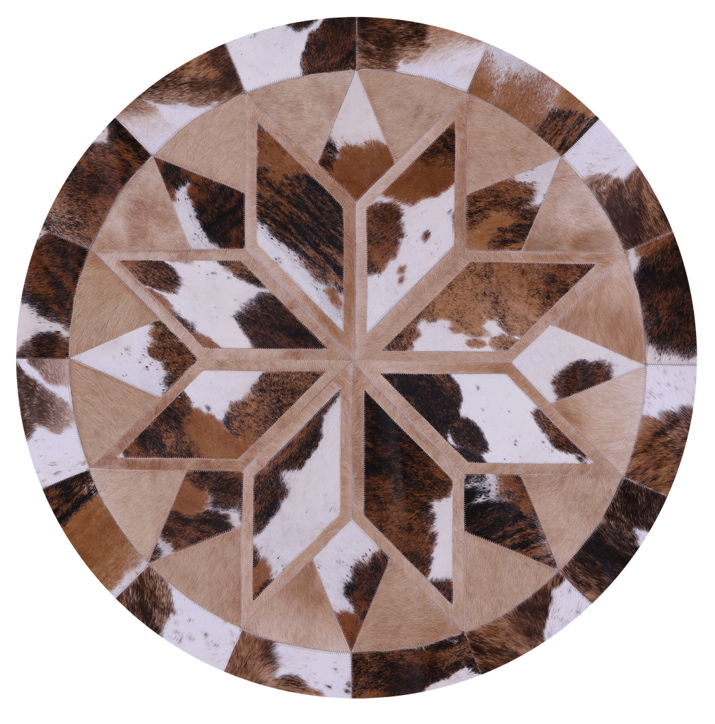 Brown & White Round Patchwork Natural Cowhide Rug - 4' 0" x 4' 0"