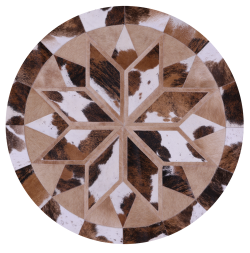 Brown & White Round Patchwork Natural Cowhide Rug - 4' 0
