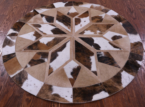Brown & White Round Patchwork Natural Cowhide Rug - 4' 0