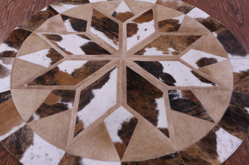 Brown & White Round Patchwork Natural Cowhide Rug - 4' 0