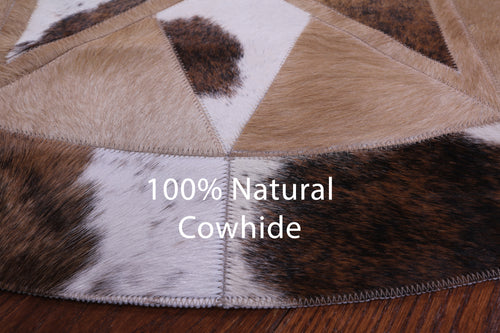Brown & White Round Patchwork Natural Cowhide Rug - 4' 0