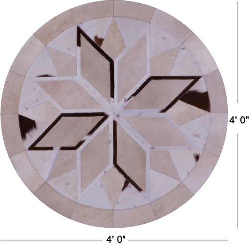 Brown & White Round Patchwork Natural Cowhide Rug - 4' 0