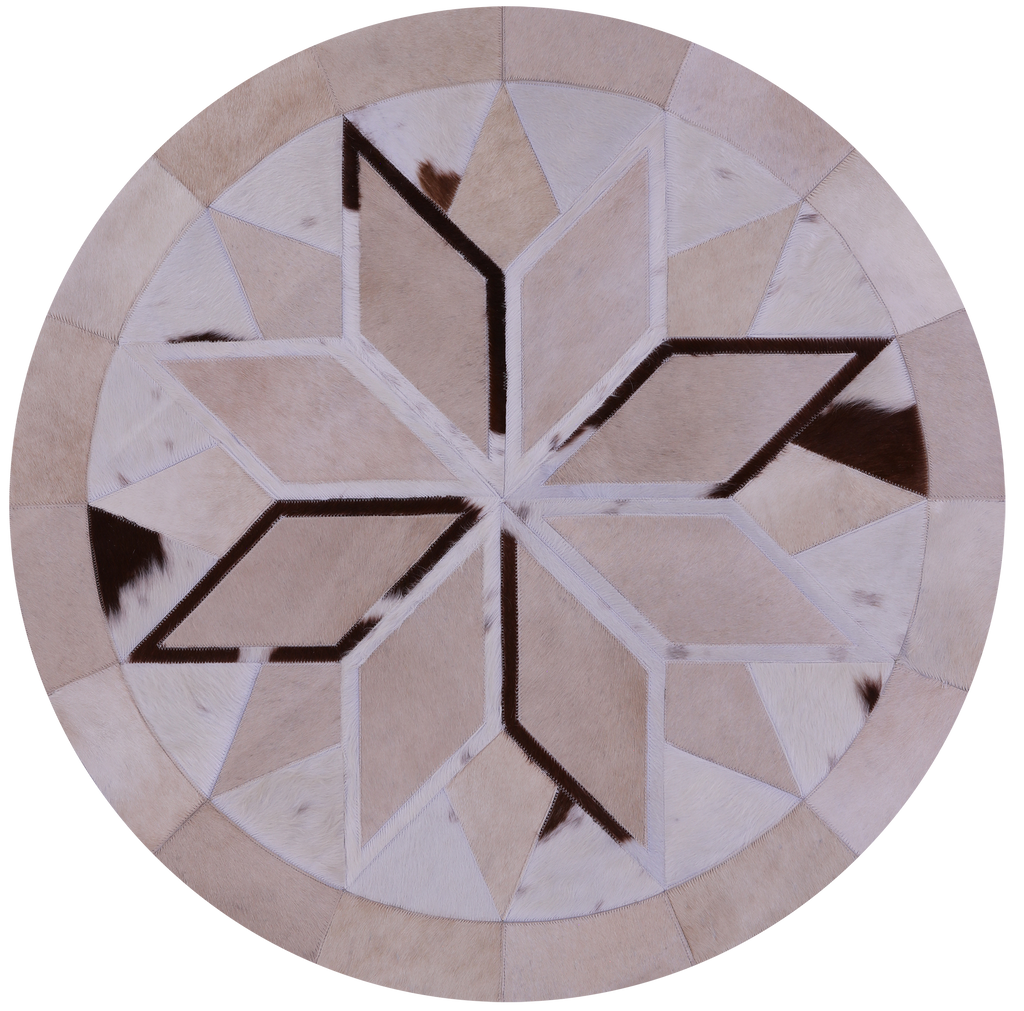 Brown & White Round Patchwork Natural Cowhide Rug - 4' 0" x 4' 0"