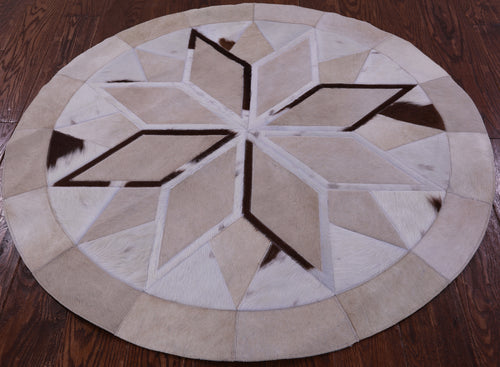 Brown & White Round Patchwork Natural Cowhide Rug - 4' 0