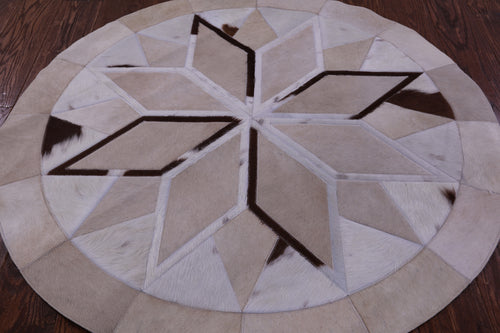 Brown & White Round Patchwork Natural Cowhide Rug - 4' 0