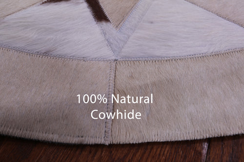 Brown & White Round Patchwork Natural Cowhide Rug - 4' 0