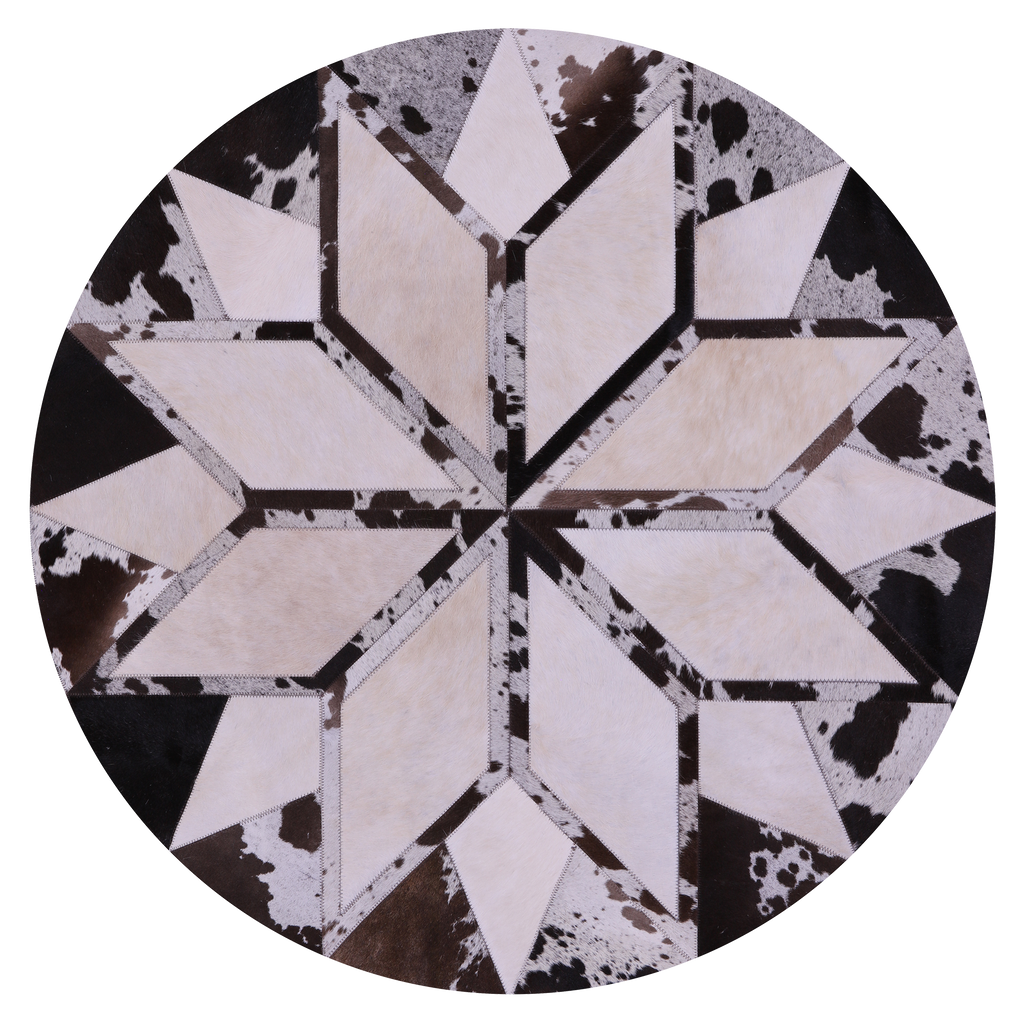Brown & White Round Star Patchwork Natural Cowhide Rug - 4' 0" x 4' 0"