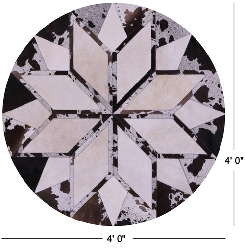Brown & White Round Star Patchwork Natural Cowhide Rug - 4' 0