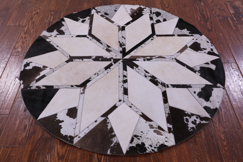 Brown & White Round Star Patchwork Natural Cowhide Rug - 4' 0